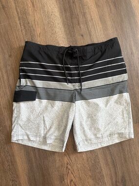 George Black and Light Gray Striped Swim Board Shorts